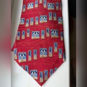Ferrell Reed Silk Red Tie with Beach Umbrella Pattern